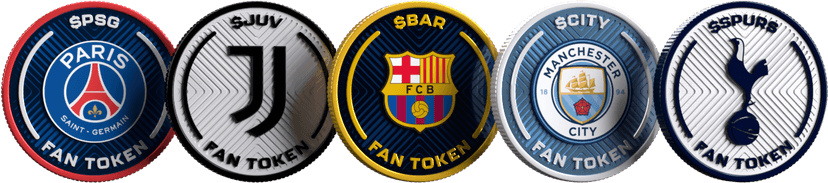 Fan tokens of five football clubs: Paris Saint-Germain, Juventus, FC Barcelona, Manchester City, and Tottenham Hotspur, displayed as digital coin designs with their club logos.